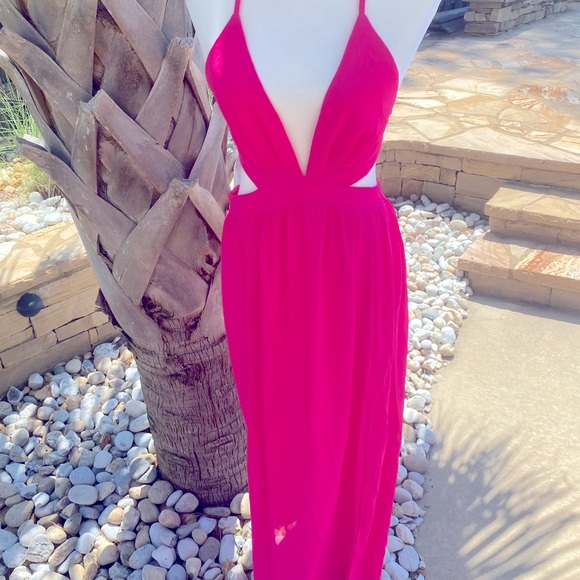 Hot 🔥 Pink! 💖 NWT maxi size M Hot Pink v front, open sides, back straps-New! - Picture 7 of 10